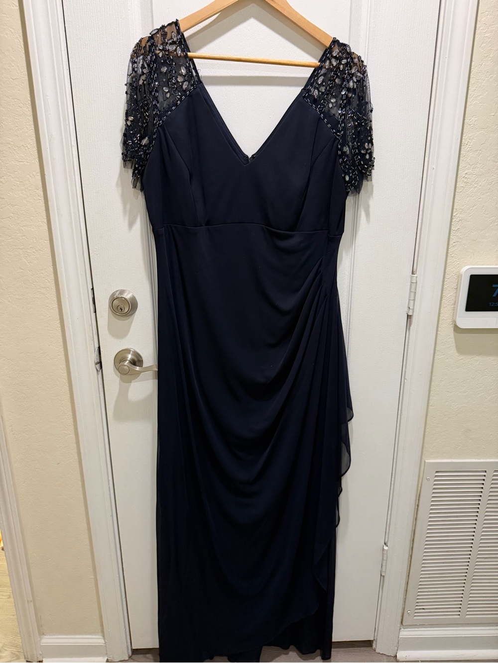 Xscape Navy Beaded Sleeve V-Neck Maxi Dress